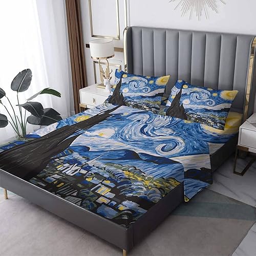Starry Night Van Gogh - Juego de sábanas y fundas de almohada, 4 piezas, sábana bajera de bolsillo profundo, sábana encimera y 2 fundas de almohada,