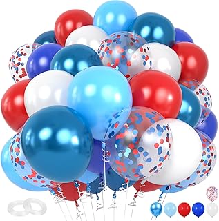 Red White and Blue Balloons, 60pcs 12 Inch Metallic and Confetti Balloons for Boys Kids Birthday, Shower, Graduation, Independence Day Party