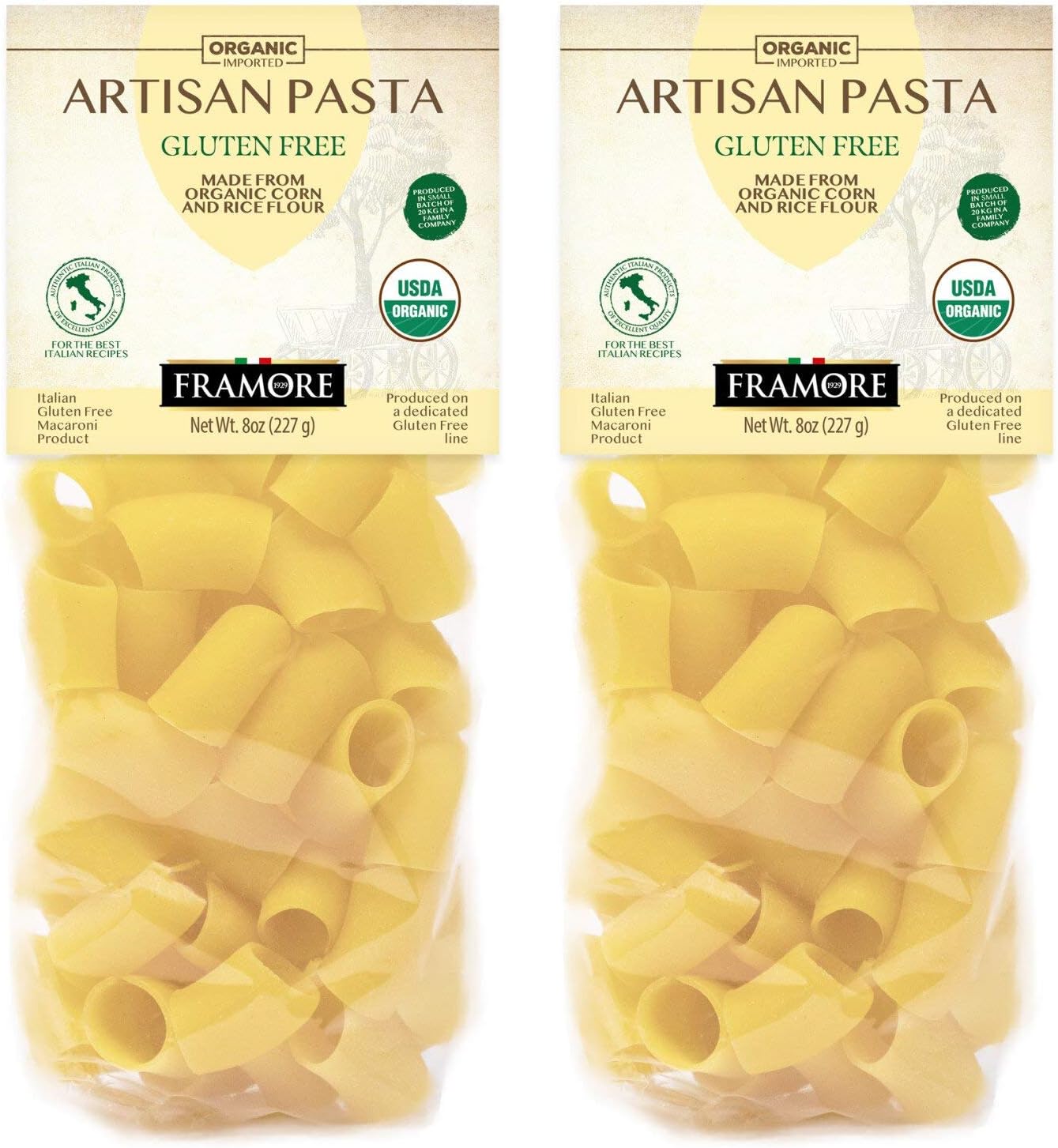 Imported Gluten Free Paccheri Pasta Made of Corn and Rice, 8oz Bags, Vegan