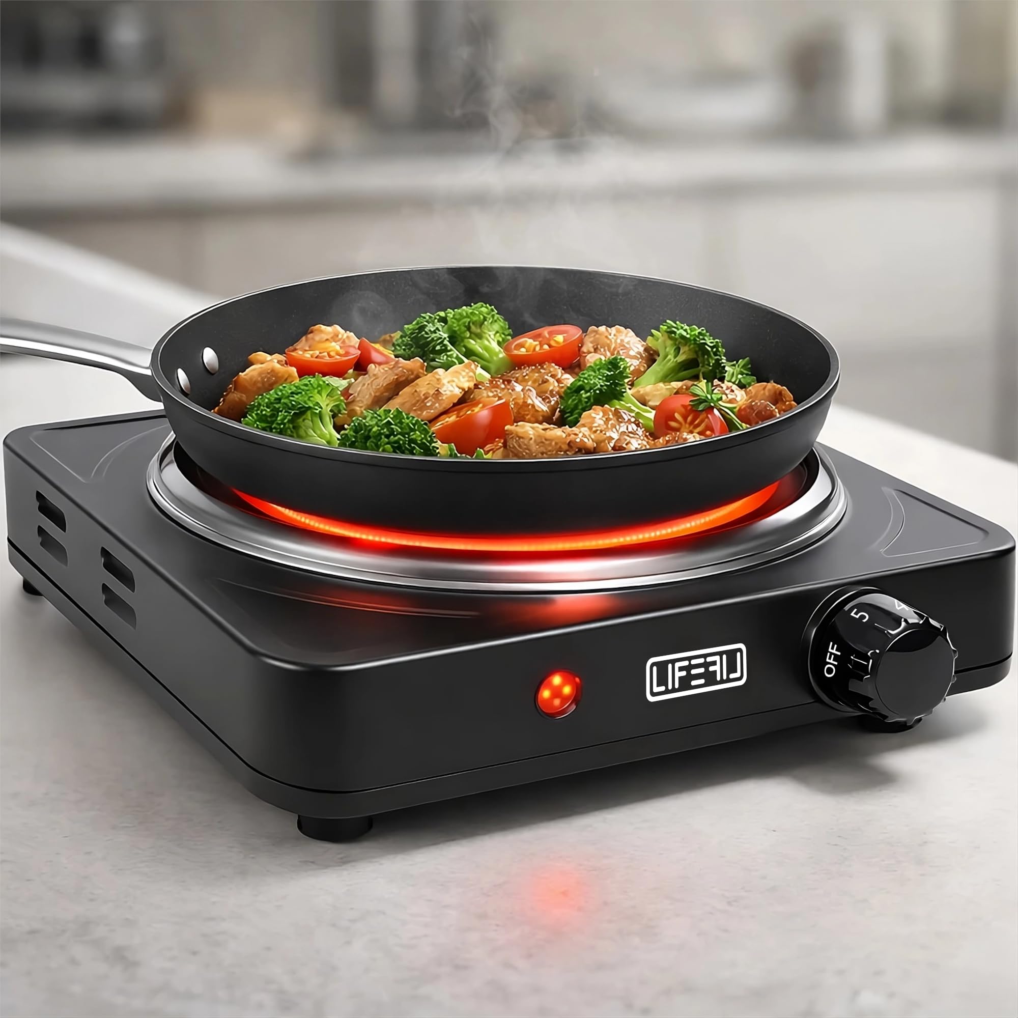 Fornello elettrico portatile per cottura CookMate 1000 W. Piastra per alimenti ad alta potenza, ideale per campeggio, terrazza, roulotte. Adatto a tutte le padelle. Nero