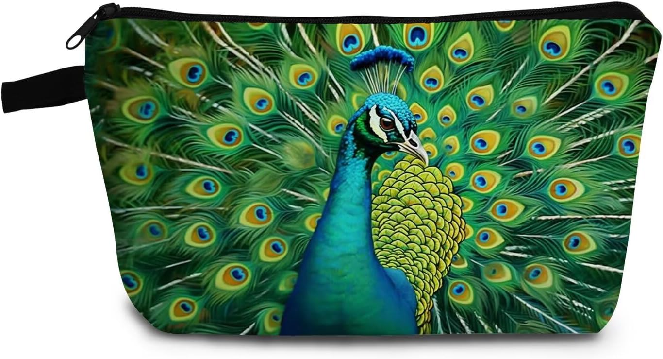 Green Peacock Print Small Cosmetic Bag