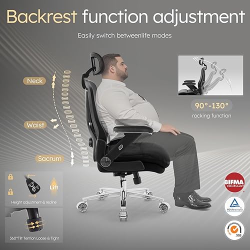 Miniatura 7 de Silla de oficina grande y alta de 750 libras, silla de oficina resistente con brazos abatibles 5D y soporte lumbar ajustable, silla de escritorio