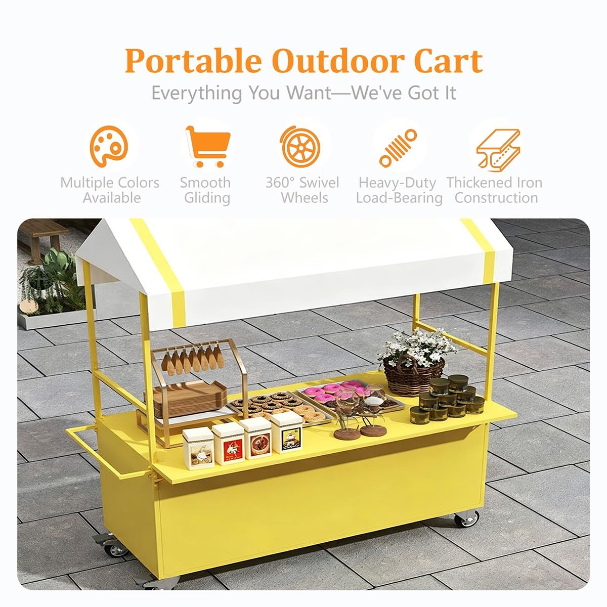 Carrito de Venta Ambulante con Superficie Extensible, Carro de Comida Exterior con Toldo y Gran Almacenamiento(Red,L 120CM/47.2IN)