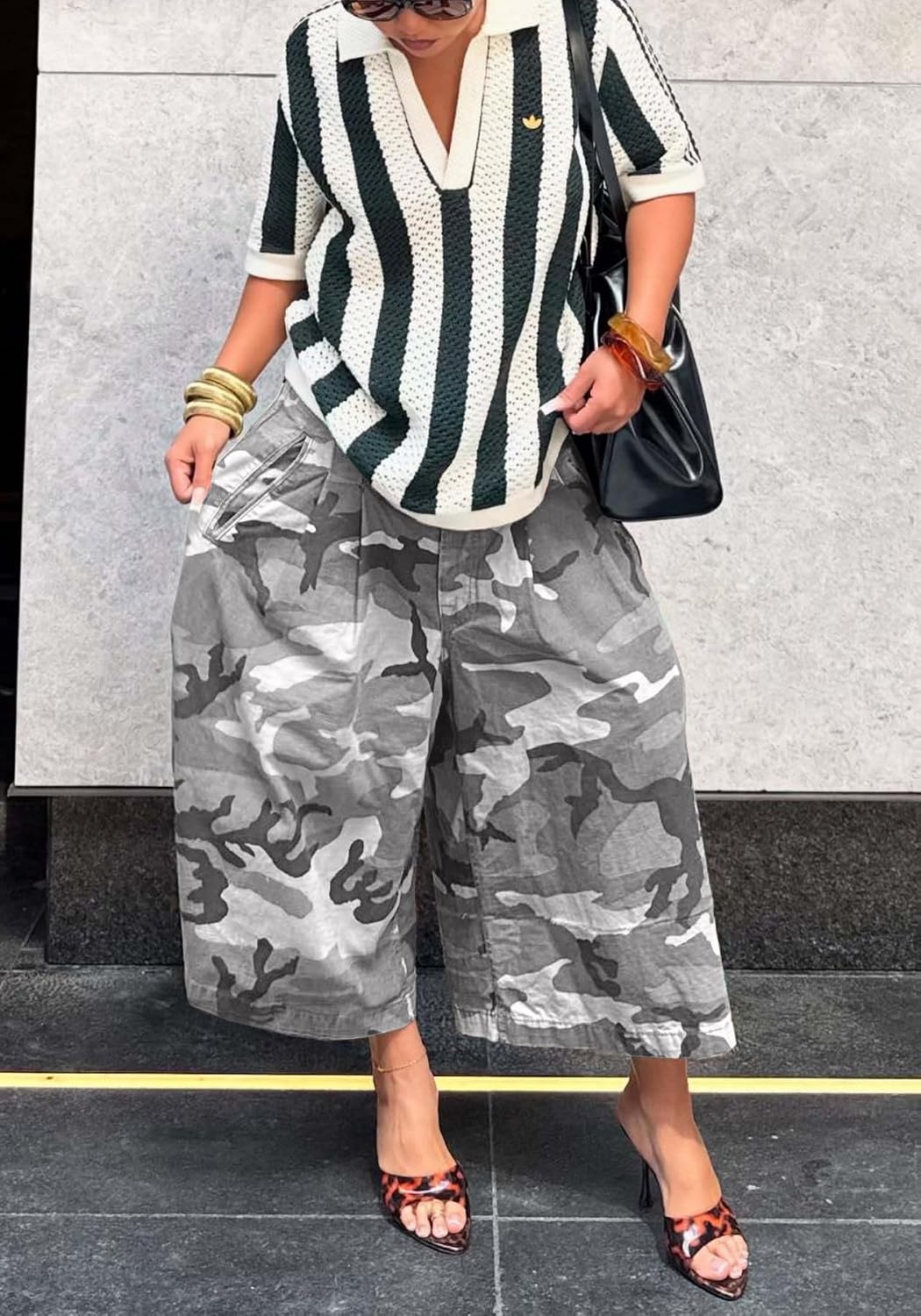 Women's Camo Cargo Jeans Baggy Camouflage Wide Leg High Waist Bermuda Trousers Capris Army Fatigue Pants