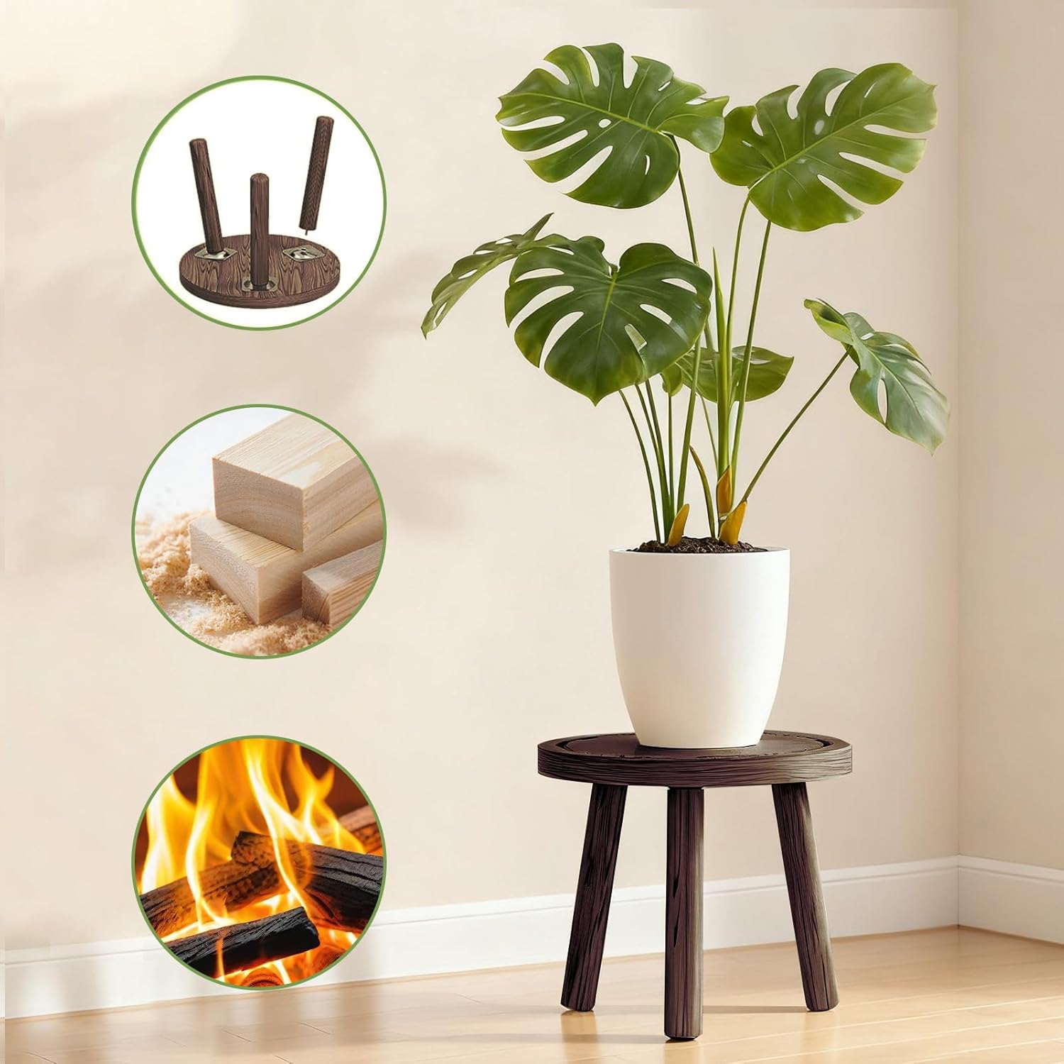 3 Pack Plant Stand Indoor Outdoor Mid-Century Modern Plant Stool Wooden Plant Pot Holder Home Decor for Gardening Living Room,Balcony,Office (Heavy Burnt Color, 3 Pack)