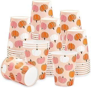 FYSUIMU 100Pcs Fall Paper Cups 9oz Pink Orange Pumpkin Drinking Cup A Little Pumpkin Disposable Cups for Autumn Thanksgiving Table Decor Supplies