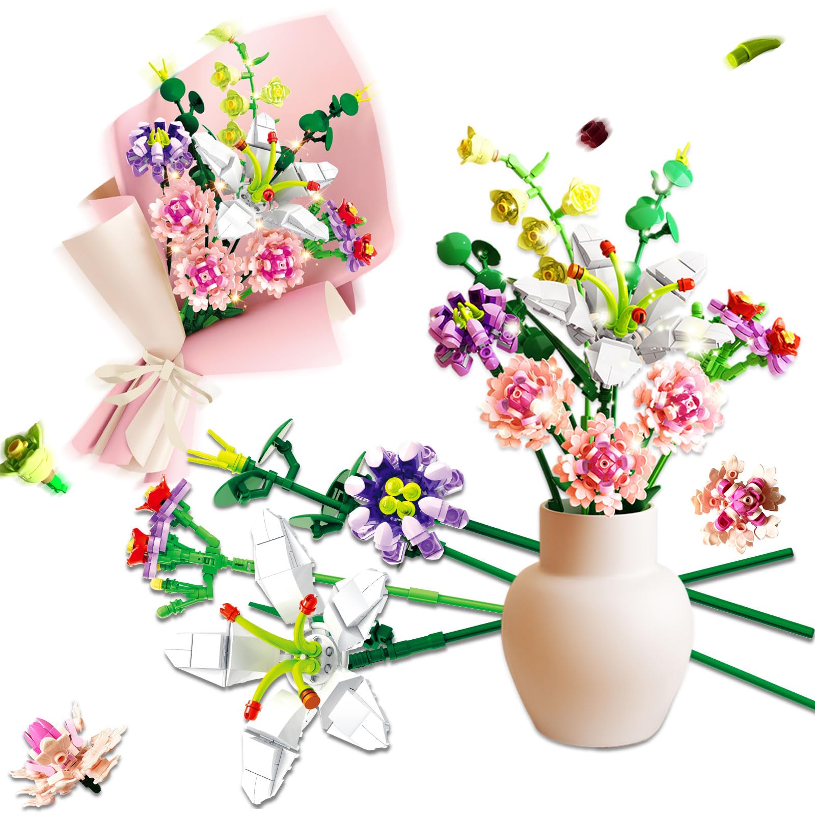 OTONOPI Flower Bouquet Building Set with LED String Light Artificial Flower Bouquet Collection Building Blocks Kit DIY Home Decor Valentines Thanksgiving Day Gifts for Adults Kids Girls (514 PCS)