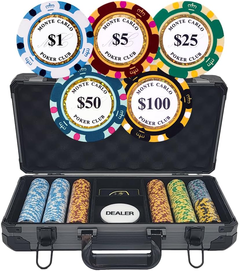 MRC 300 pcs Monte Carlo Poker Club Poker Chips Set with Black Deluxe Case Custom Build