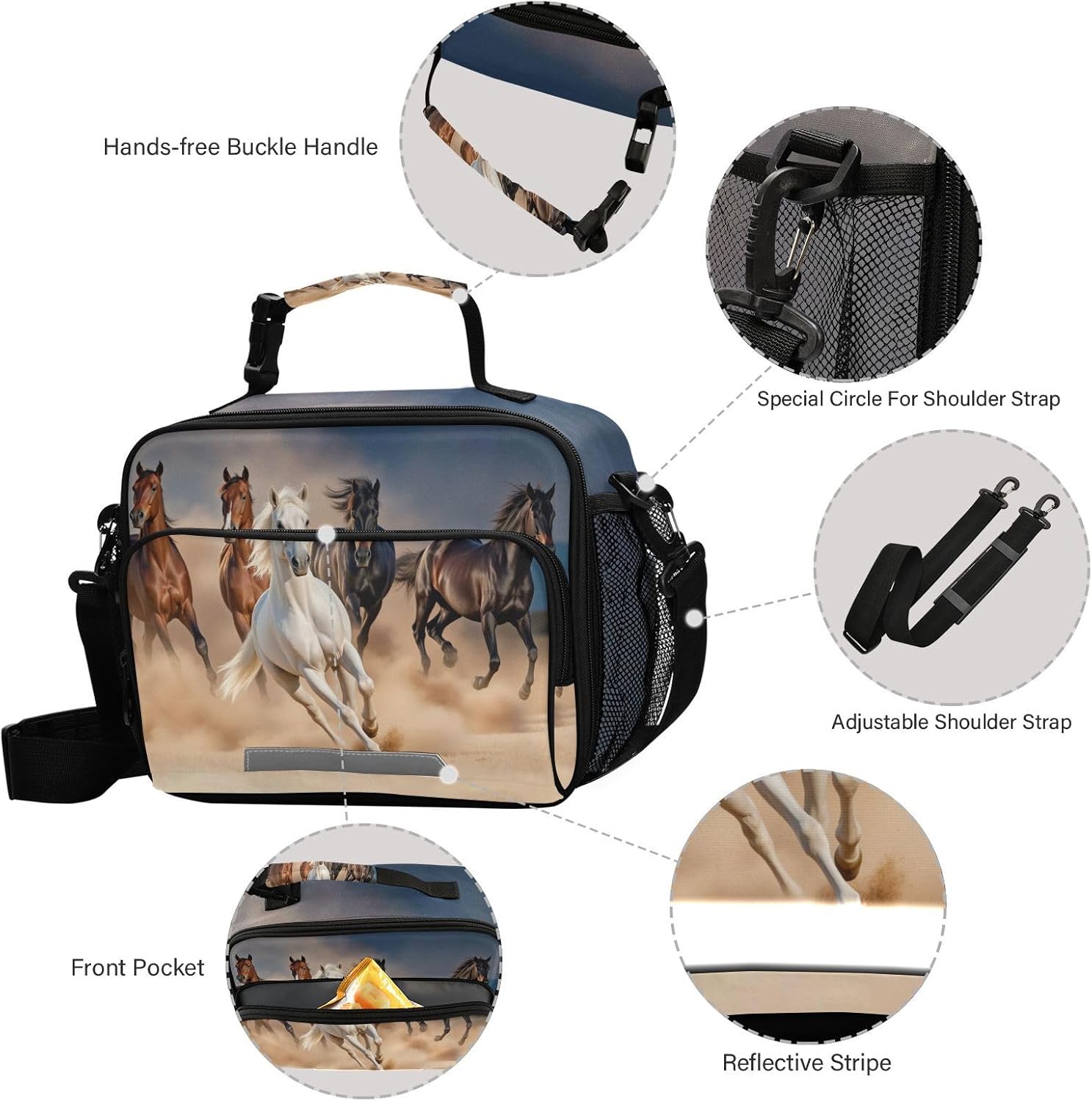 Horse Lunch Box Insulated Lunch Bags Horses for Girls Boys Kids Animal Print Cooler Bag Reusable Lunch Tote Bag Shoulder Bag for Work Picnic - Image 5