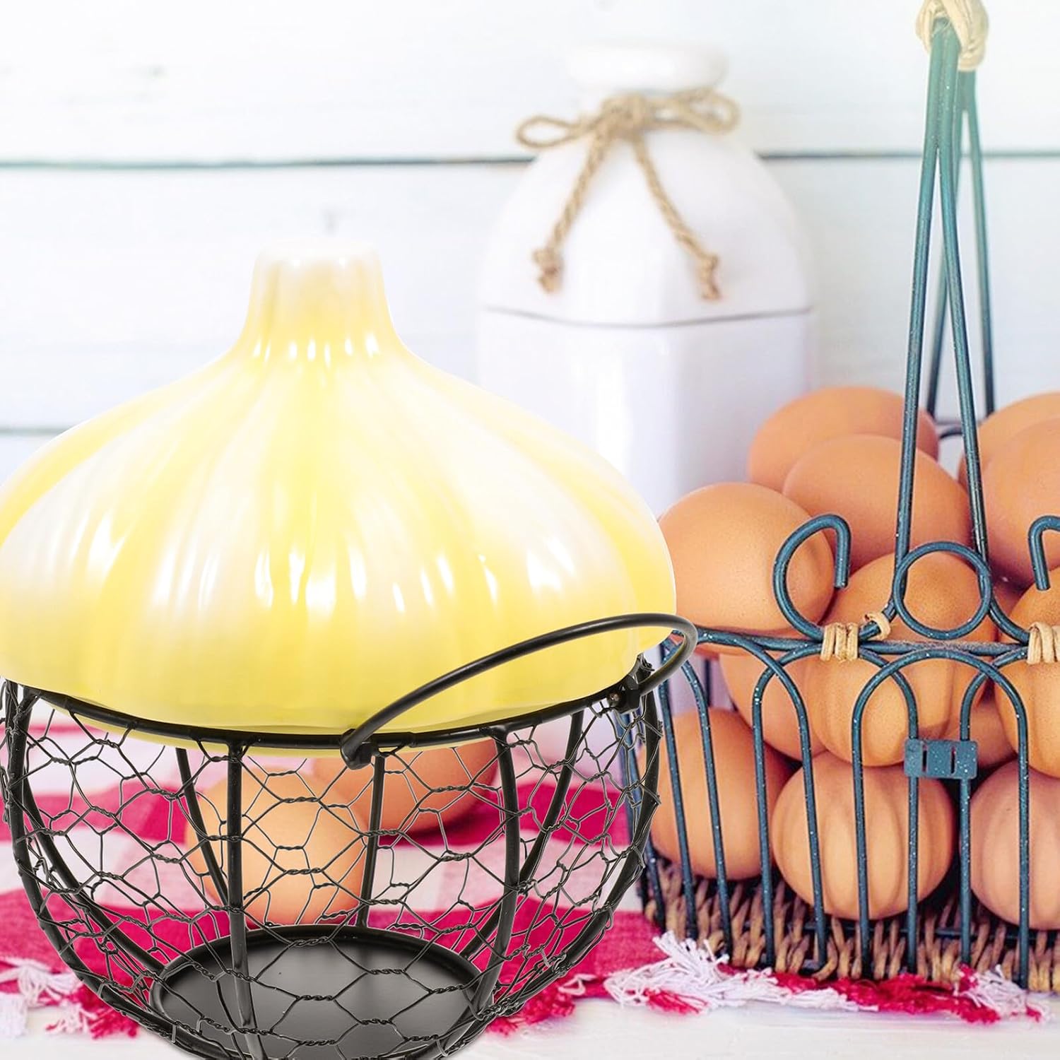 Hemobllo Breathable Hollow Iron Chicken Egg Basket with Ceramic Lid, Small Yellow Garlic Storage Container for Kitchen Countertop Organization and Fresh Egg Collection