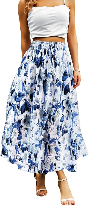 Abaadlw Maxi Skirts for Women with Pockets Long Midi Length | Flowy,Comfortable,Breathable, Elastic Waistband, Ladies Casual skirt with Lining for Work Travel Holiday
