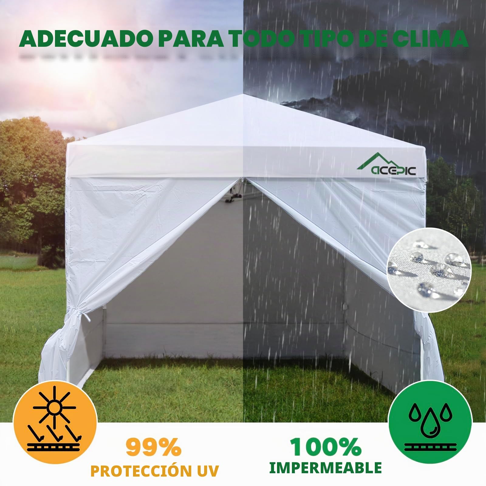Acepic Pack de 4 Paredes Laterales para Carpa 3x3m, Paneles Laterales Impermeables de Tela Oxford 210D para Cenador Plegable, Protección Solar y Privacidad para Jardín, Camping y Eventos, Blanco