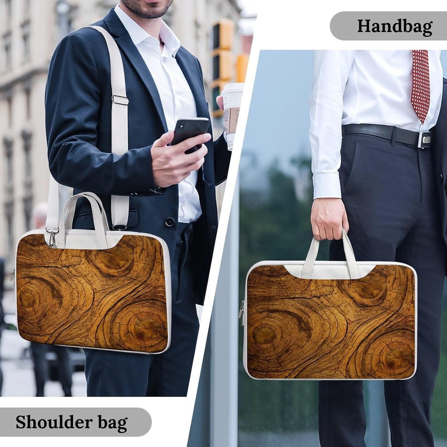 Wood Tree Rings Pattern Leather Laptop Bag Handheld Slim Computer Bags Business Briefcase