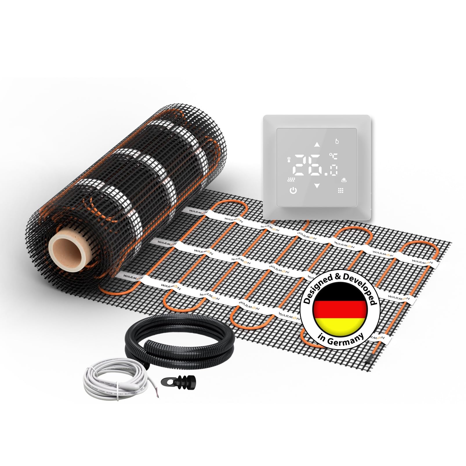 Chauffage au sol électrique pour carrelage : tapis chauffant à deux fils WARMON Ultra 200 W/m² avec thermostat avec capteur de sol, thermostat :, taille du tapis : 2 m²