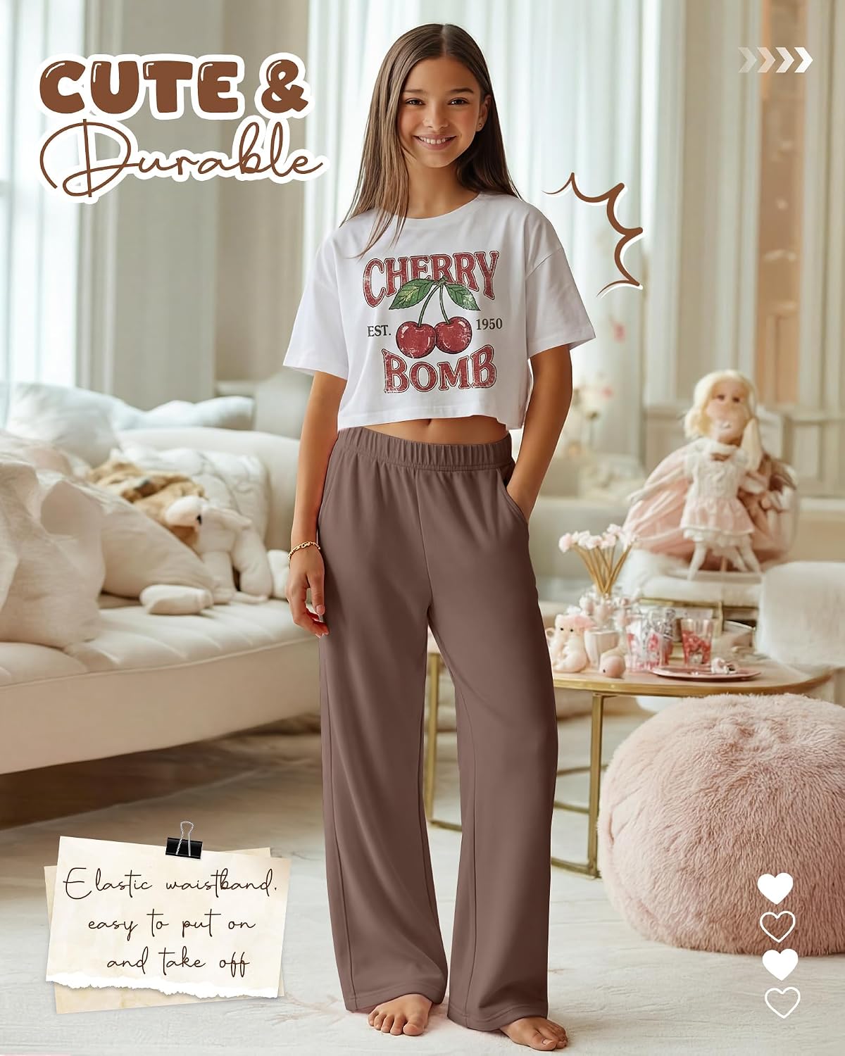 4 Pack Girls Wide Leg Pants 5-16 Years Lightweight Casual Loose Trousers Kids Baggy Soft Sweatpants with Pockets