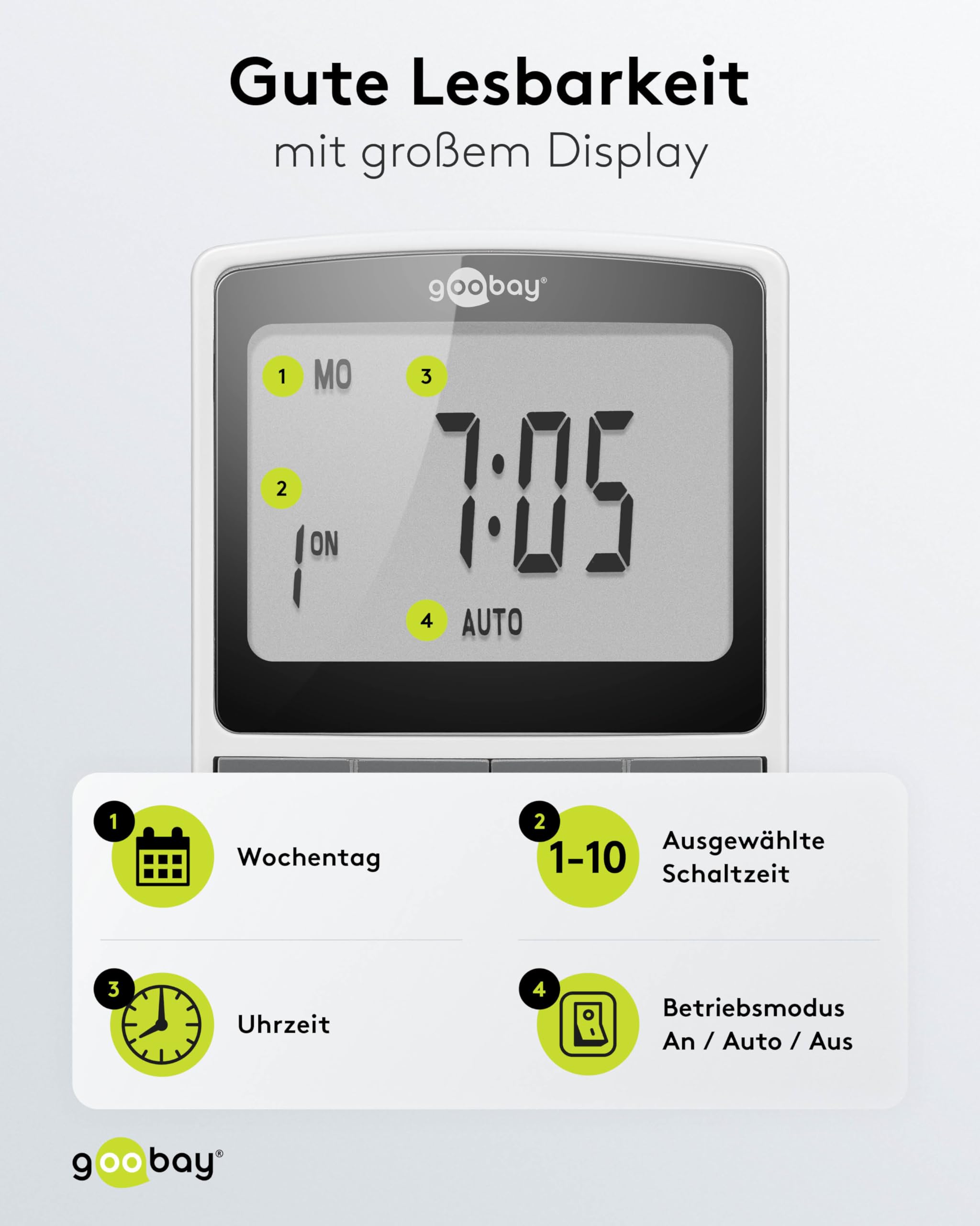 goobay - Zeitschaltuhr 4er Set digital mit 16 Programmen - Zeitschaltuhr Steckdose mit Zufallsmodus zum Einbruchschutz - Timer Steckdose inkl. 100 Tage Back-up Akku - 3680W - 230V (AC) - 16A - 74217