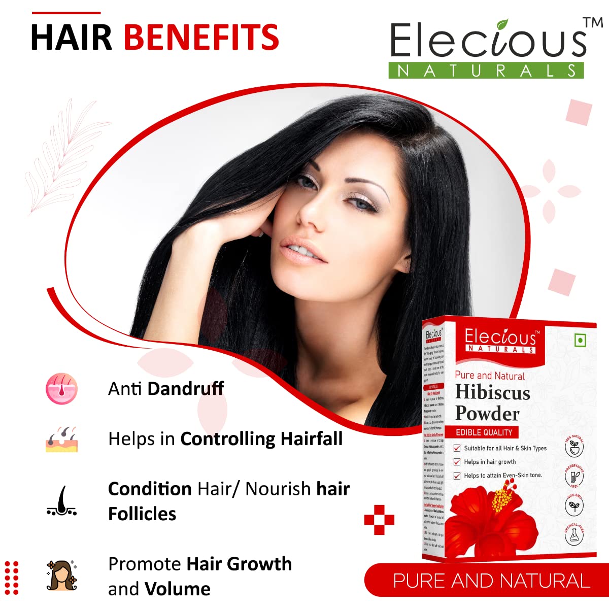 Elecious Hibiscus Powder for Hair Growth, Face and Skin Glowing Skin Ideal for Preparing Hair Pack, Hair Oil, Face Pack and Hibiscus Tea 200gm