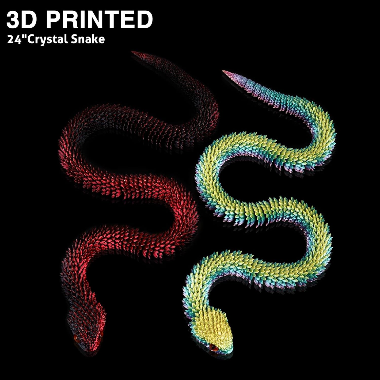 2PCS 24'' 3D Printed Snake,3D Printed Animals,3D Printed Fidget Toys，Articulated Crystal Anaconda，Home Office Executive Desk Decoration Black Red & Rainbow