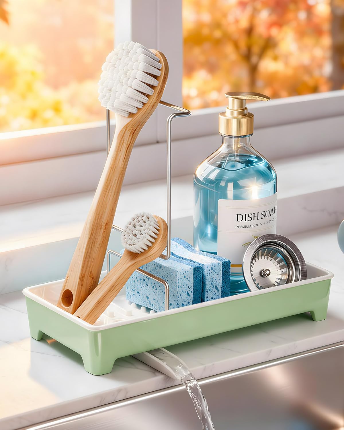 Rustproof Minimalist Sink Caddy with Stainless Steel Holder – Mint Green