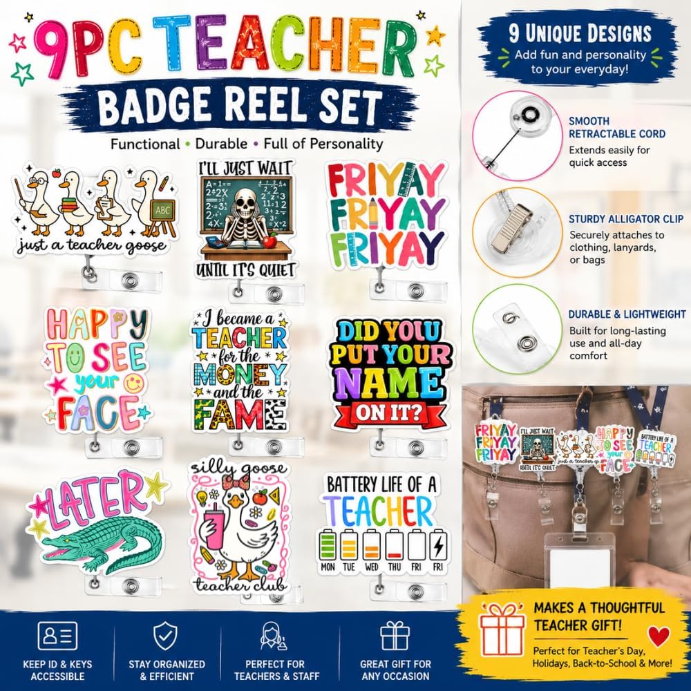 9PC Teacher Badge Reel Retractable ID Holder Bulk Set Name Tag Clip Lanyard Cute Funny School Classroom Accessories Appreciation Gifts for Women Men Educators Teaching Staff Office Work Supplies image 2