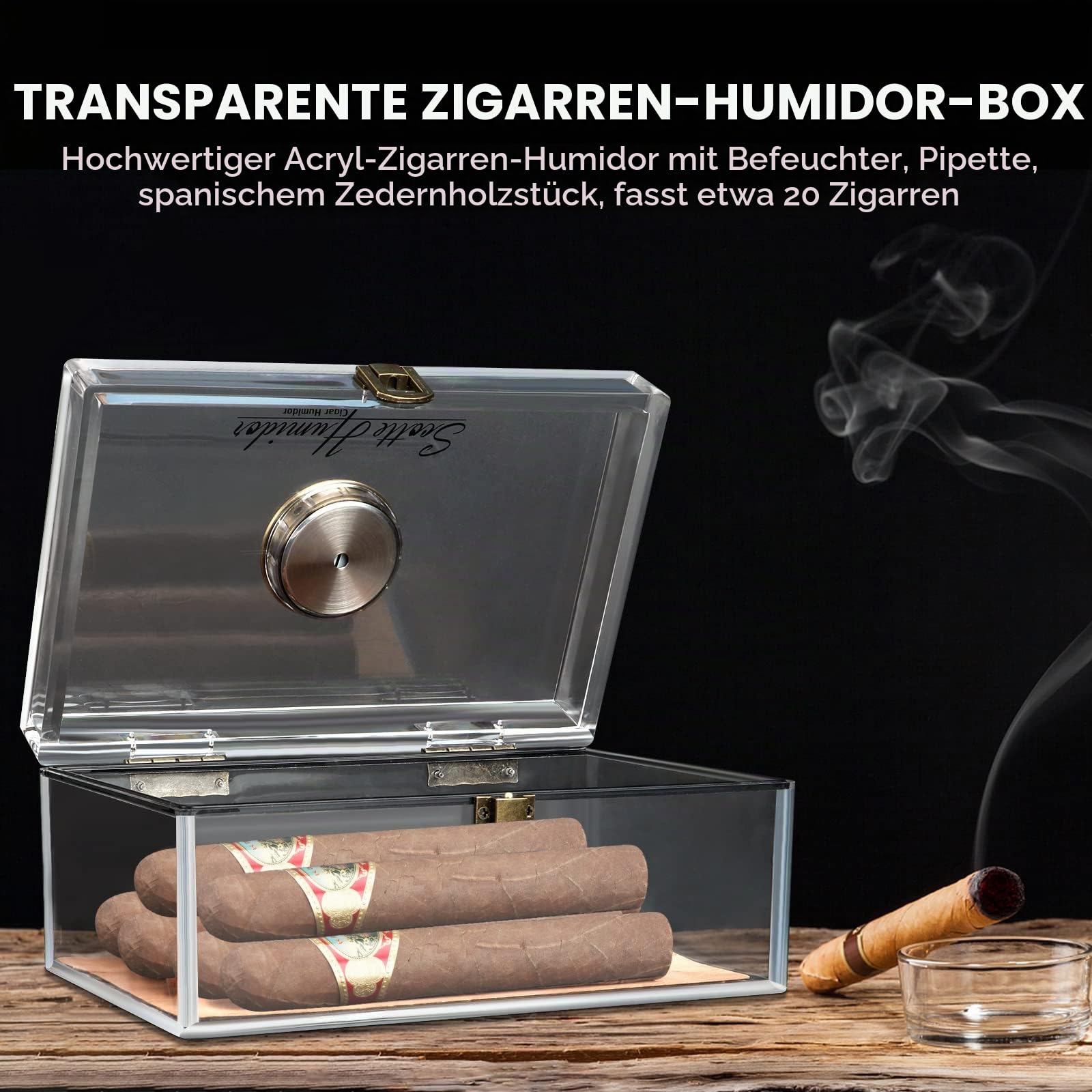 Scotte Acryl Zigarre Humidor Jar/Etui/Box mit Luftbefeuchter und Hygrometer, Humidor, der ungefähr 20 Zigarren aufnehmen kann (Clear-1)