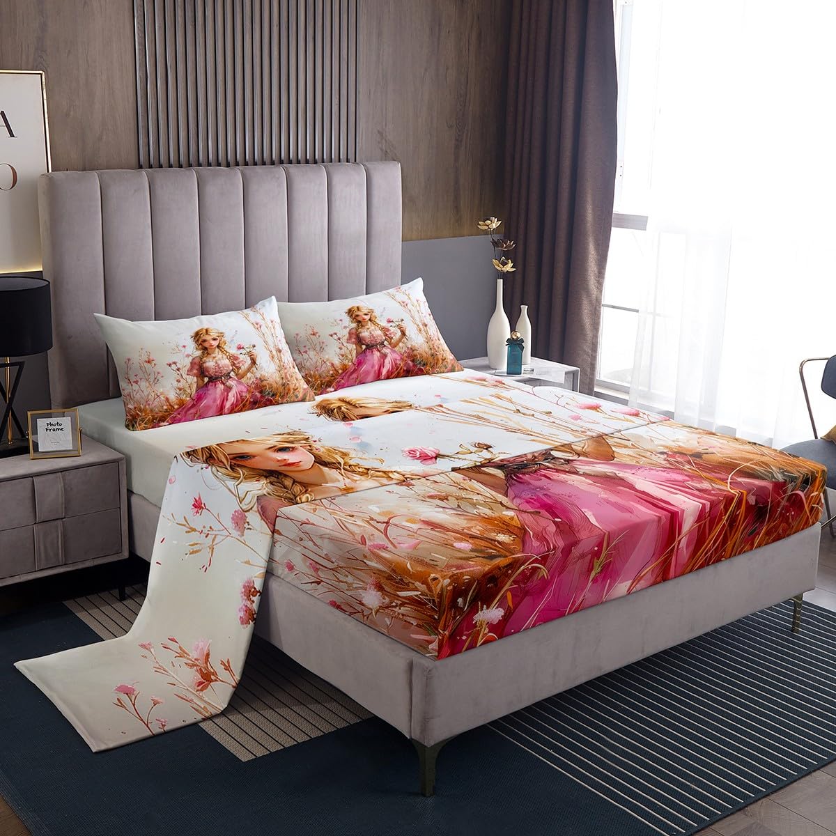 Homemissing Pink Floral Girls Bedding Set King Size Floral Girls Sheets for Kids Girls Bed Sheets Pink Western Girls Sheets Set,1 Fitted Sheet+2 Pillow Sham+1 Flat Sheet