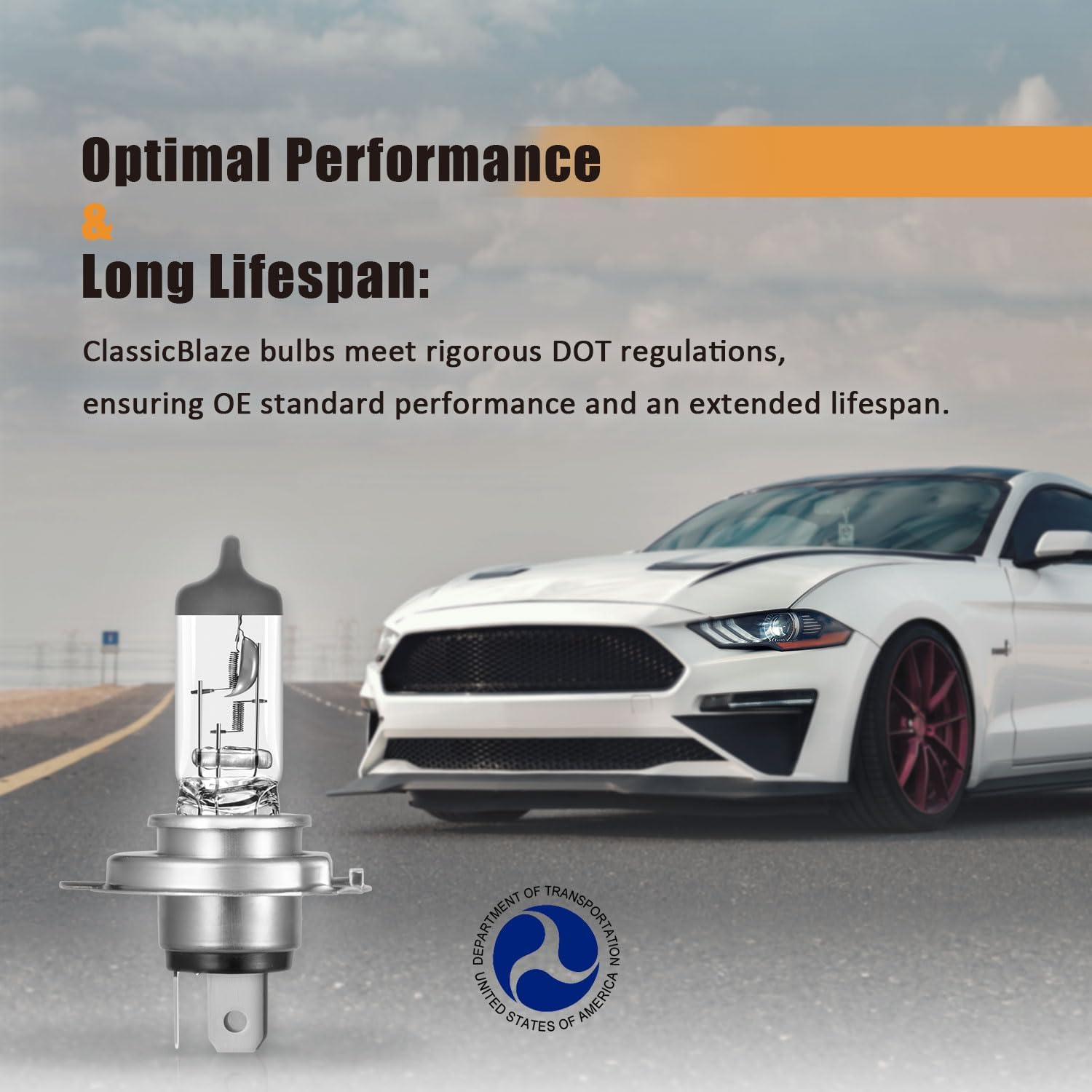 A WEELMOTO ClassicBlaze headlight bulb in the foreground with a modern car on a road in the background, emphasizing optimal performance and long lifespan.
