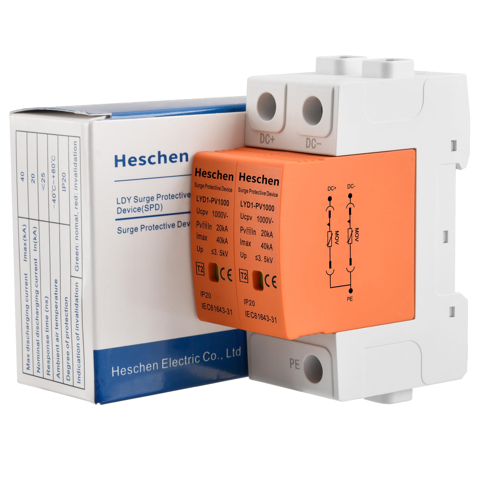 Heschen 1 Piezas Protector de Sobretensiones PV 1000VDC 2P, Descargador de Sobretensiones Fotovoltaico SPD 20kA/40kA Tipo 2, Protección contra Rayos Carril DIN 35mm