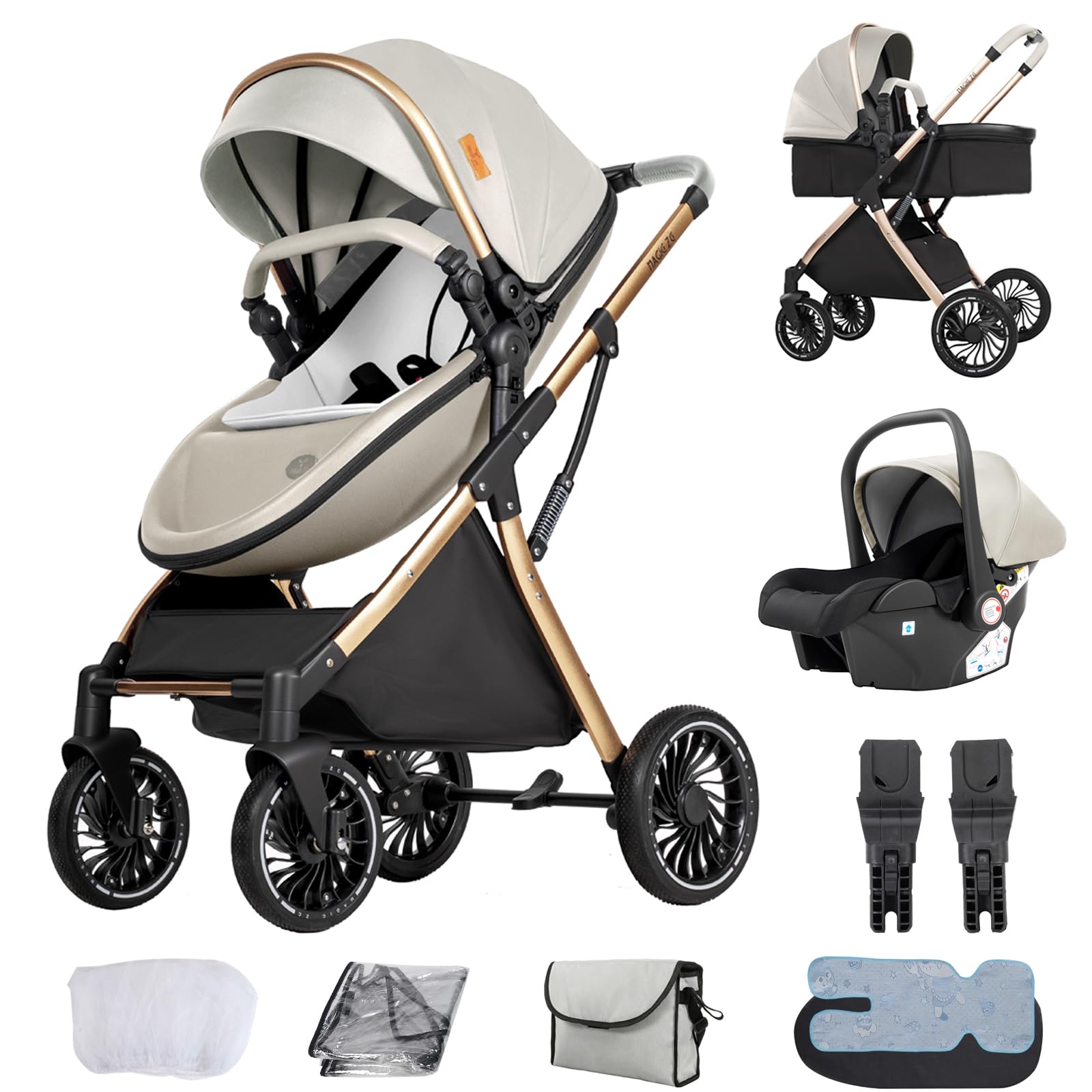 Oubeauou Travel System 3 in 1, from Newborn to Toddler, All-Terrain, One-Hand Fold, High-seat Baby Stroller, Convertible Pram