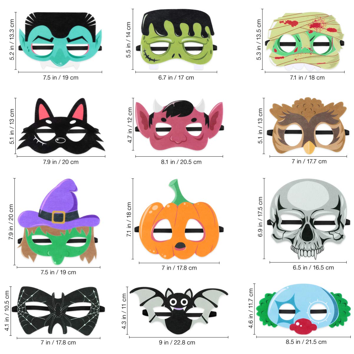 Zerodeko Halloween Masks Kids Halloween Felt Masks Pumpkin Bat Skull Cosplay Masks Pretend Play Props Cartoon Masks for Halloween Festival Party Masquerade 12Pcs