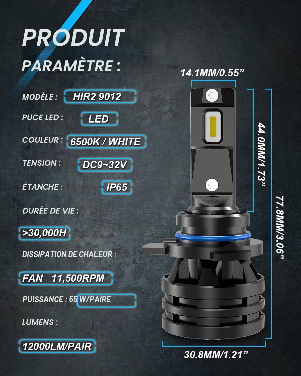 KaTur 9012 HIR2 Ampoules de phare à leds Mini conception améliorée Puces 12000 lumens Kit de conversion de phares étanche tout-en-un à LED 55W 6500K blanc xénon-2 ans de garantie