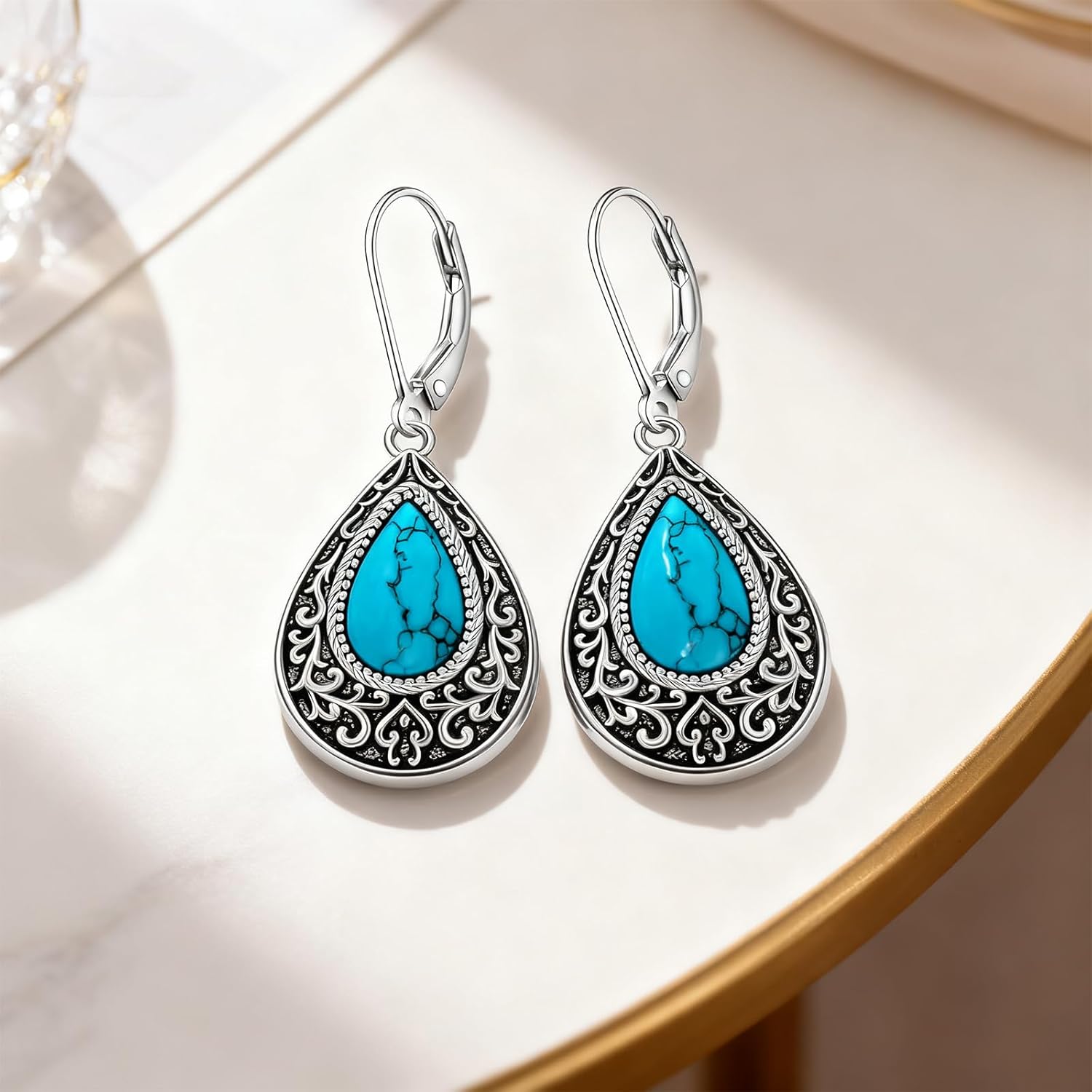 Turquoise Earrings for Women Sterling Silver Dangle Earrings Filigree Jewelry Drop Leverback Jewelry Mothers Day Gifts - Image 6