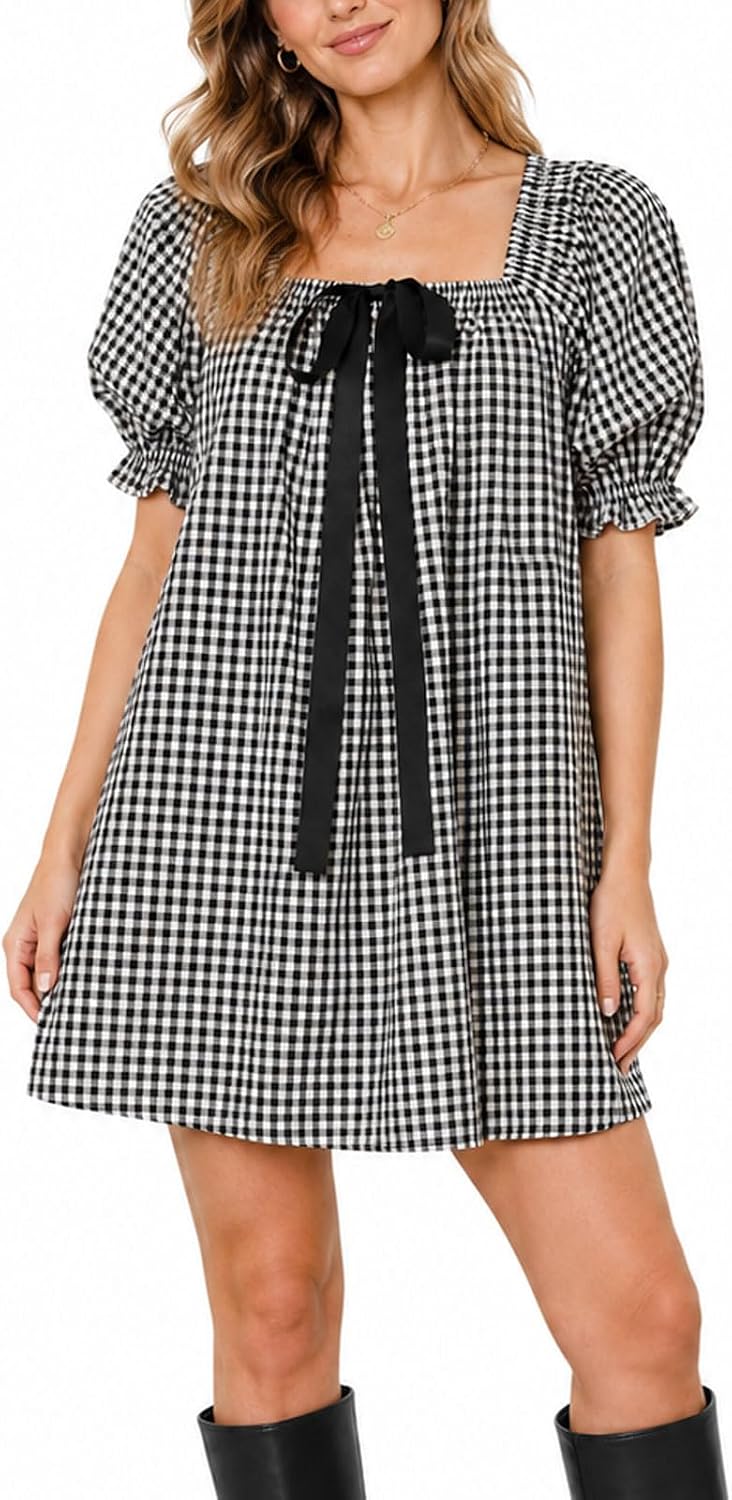 Women's Plaid Babydoll Short Dress Puff Sleeve Cute Tie Mini Dress Gingham Spring Dresses