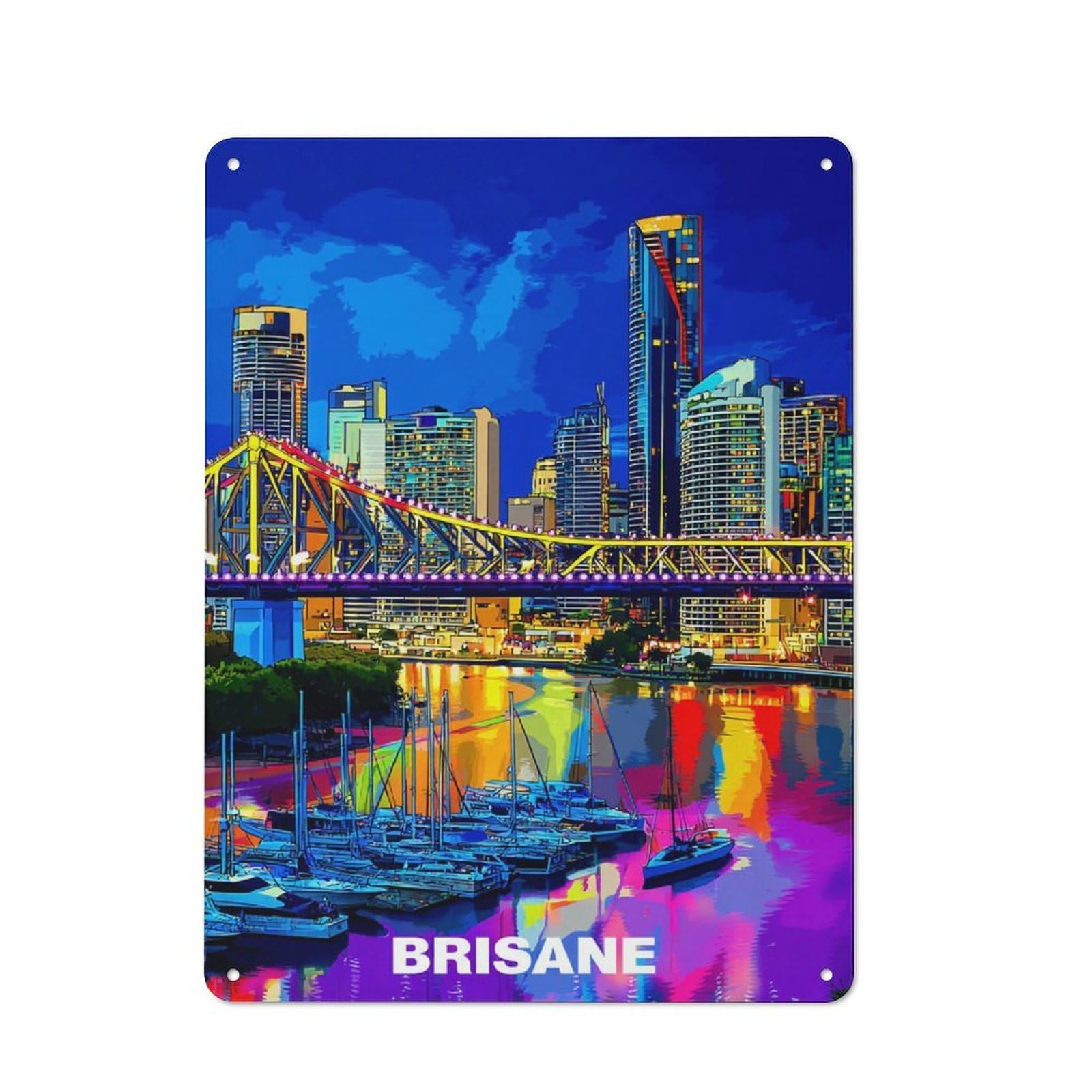 Junmoney Brisbane Nightscape Vibrant City Lights -1 Country Vintage Metal Wall Decor 40X30cm, Decorative Tin Sign For Cottage, Kitchen, Hallway Or Breakfast Nook