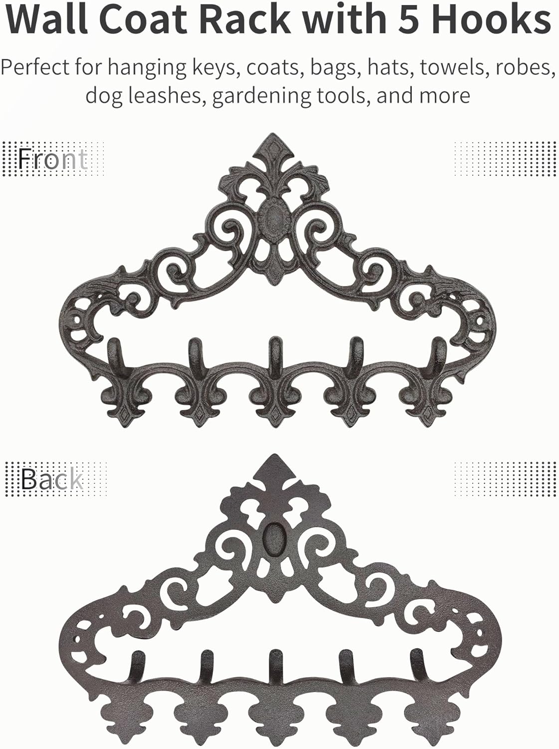 Vintage Cast Iron Wall Coat Rack with 5 Hooks, Rustic Heavy Duty Wall Mount Hook Rack for Hanging, Decorative Key Holder Towel Hanger Farmhouse Decor for Entryway Mudroom Bathroom