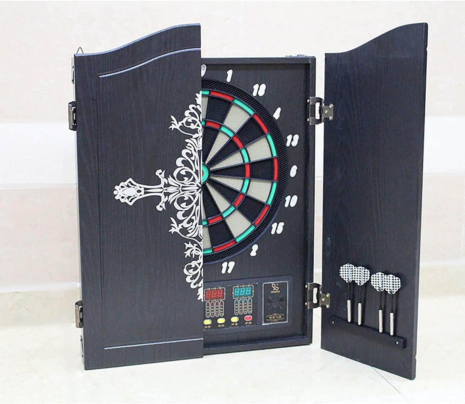 Electronic Dart Board, Electronic Dartboard Cabinet Set with 15” Target Area, and 27 Games 243 Variations, for 16 Players Classic Door Look Matches Traditional Decoration