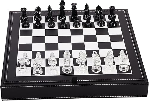 Juego de ajedrez de cristal, 2 reinas adicionales, con caja de almacenamiento de cuero de 13.2 pulgadas y tablero de ajedrez, juego de mesa para