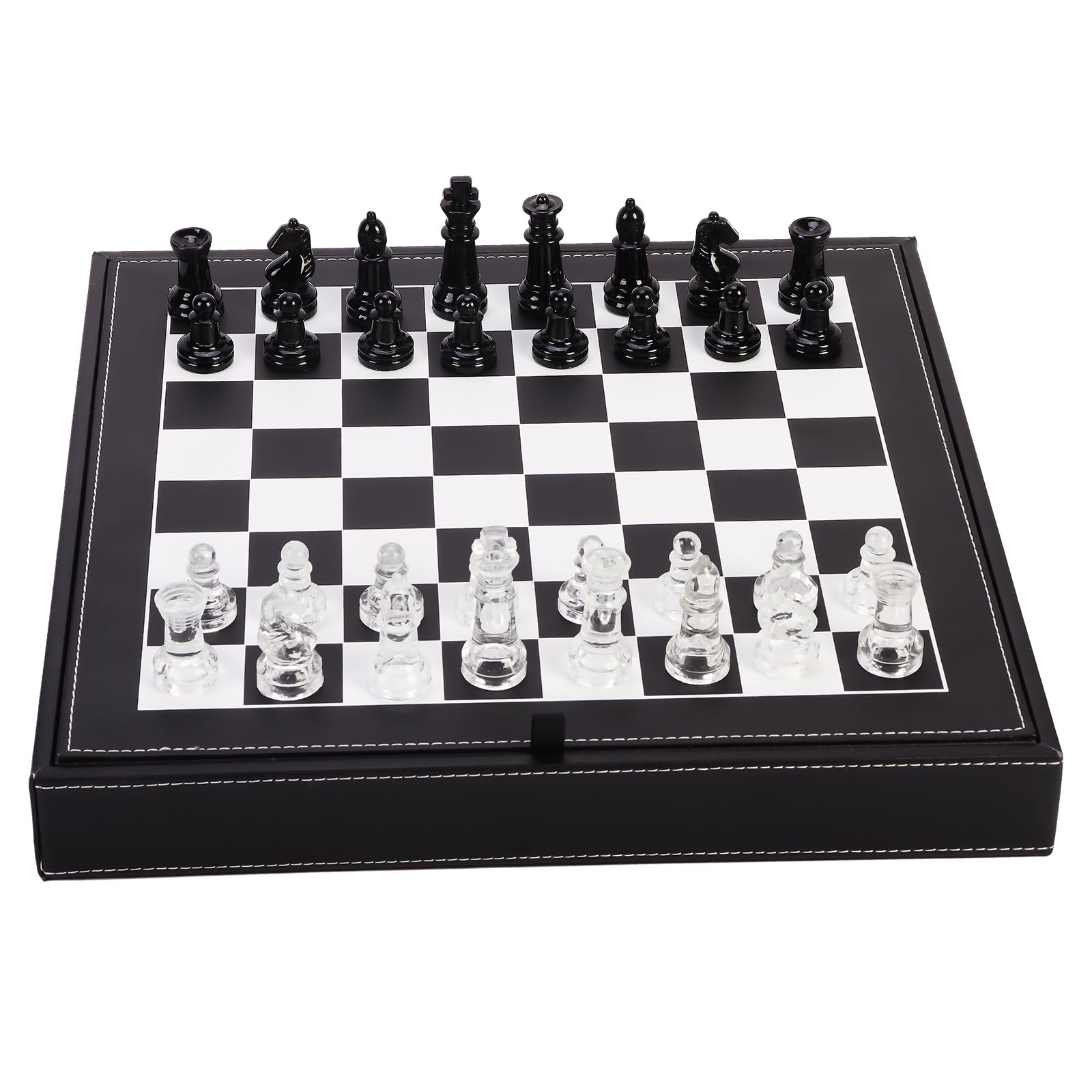 Glass Chess Set Game, 2 Extra Queens, with 13.2" Leather Storage Box and Chessboard,Board Game for Kids and Adults
