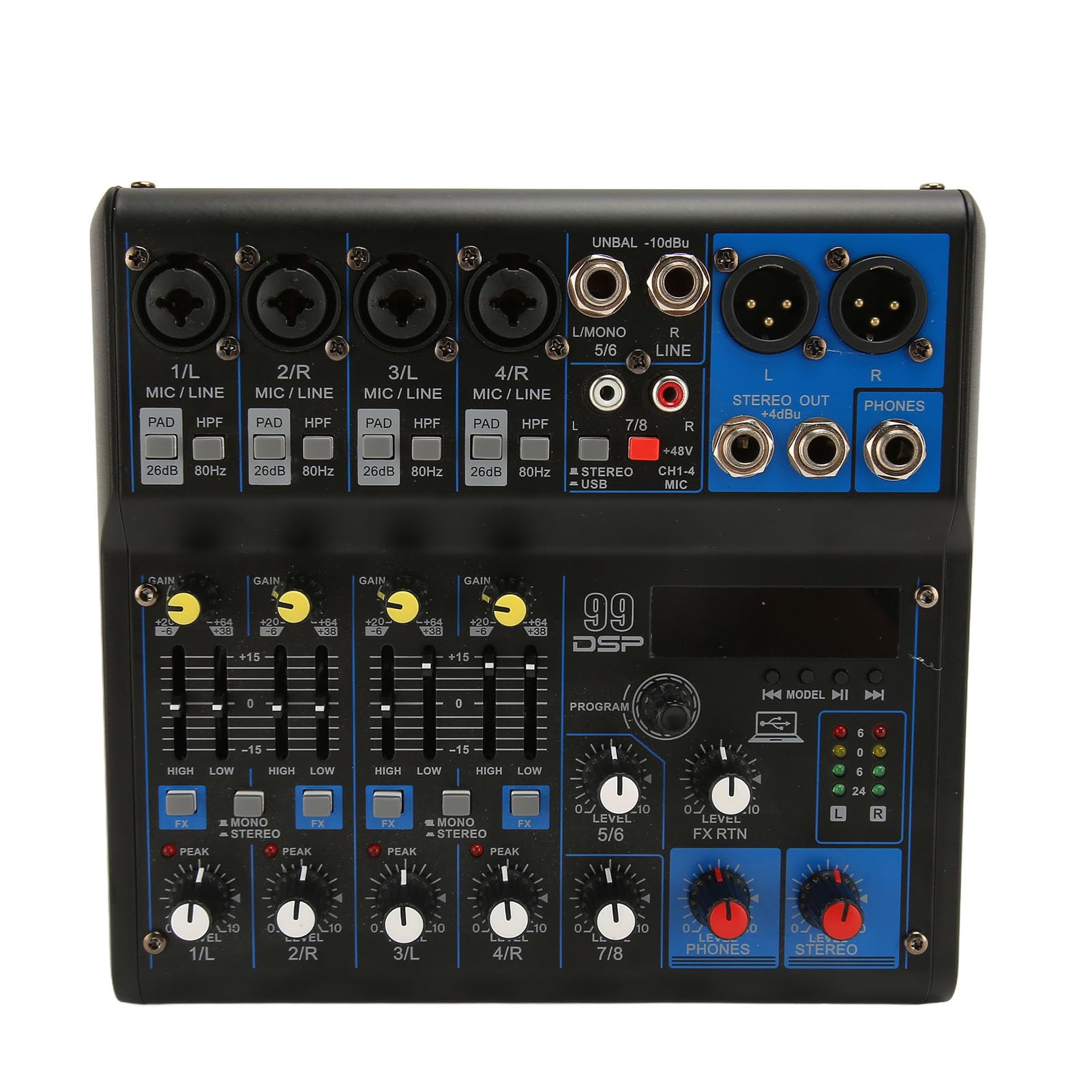 Headphones connected to the mixer's PHONES output for real-time audio monitoring.