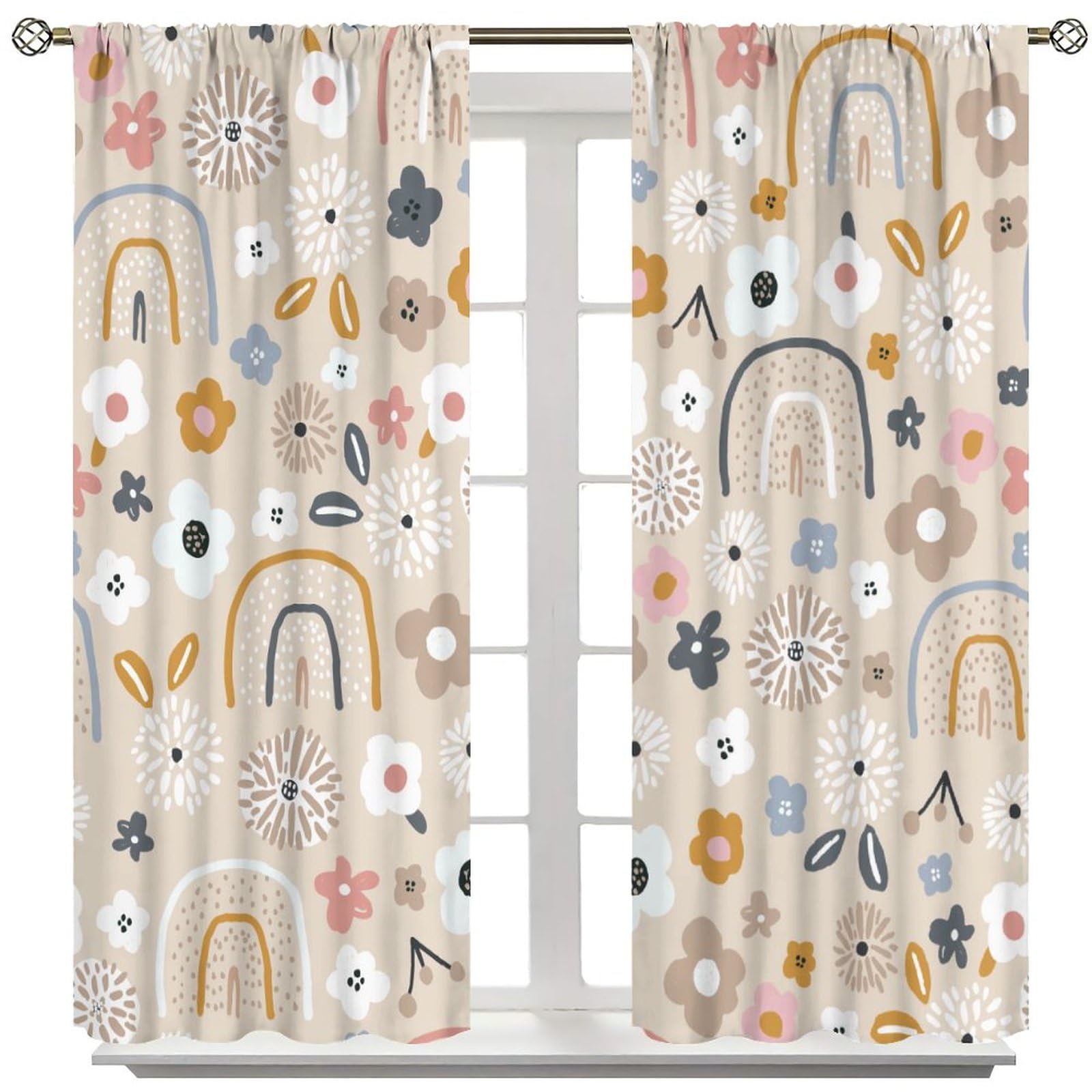 Kids Rainbow Curtains Boho Cartoon Colorful Floral Stars for Girls Bedroom Decor Bohemia Love Heart Lovely Abstract Art Printed Living Room Window Drapes Fabric 42W x 45H Inch Decor