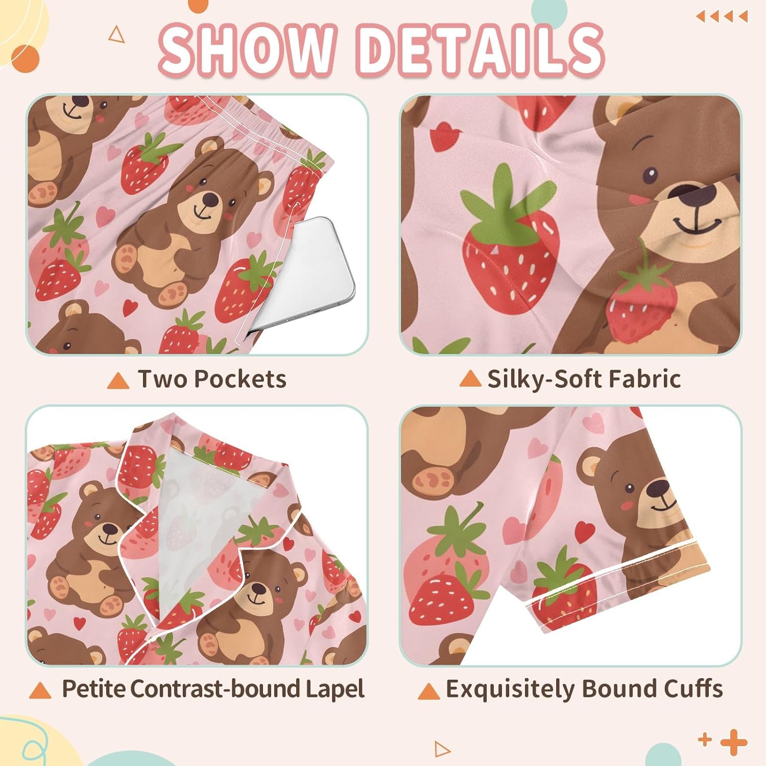 Kids Casual Satin Wear Set Cartoon Bear and Strawberry Pattern Unisex Short Sleeve Clothing for Relaxing