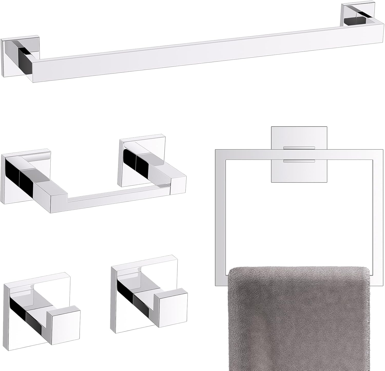 TURS Chrome 5-Piece Bathroom Hardware Set Towel Bar Set SUS304 Stainless Steel Towel Racks for Bathroom Wall Mounted, 23.6-Inch