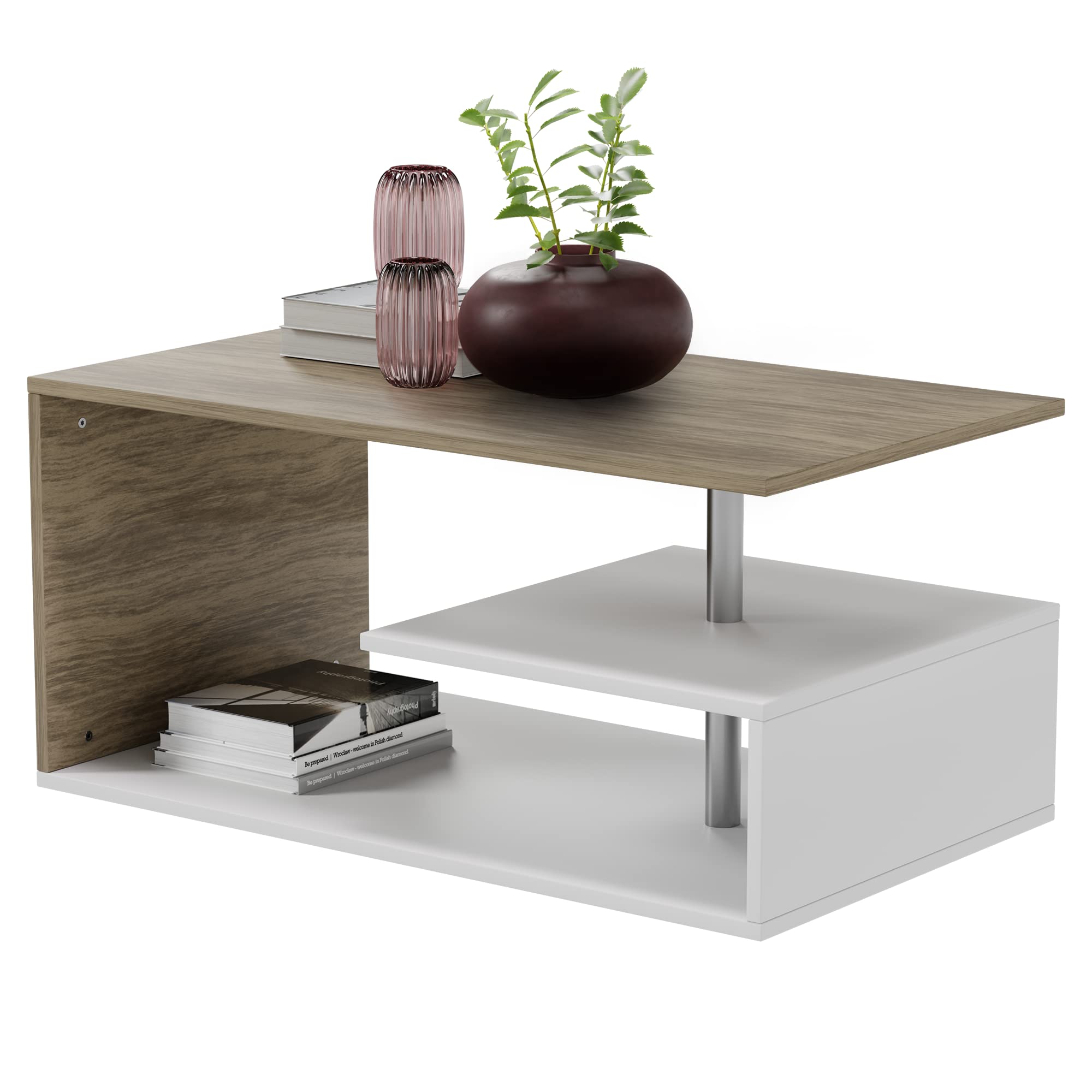 MIADOMODO® Couchtisch-90x50 cm, mit Stauraum, Modern, Eckig, Asymmetrisch, Leicht, Lang, Niedrig, Weiß mit Betonoptik/Eichenoptik/Grau - Wohnzimmertisch, Kaffeetisch (Weiß-Eicheimitat)
