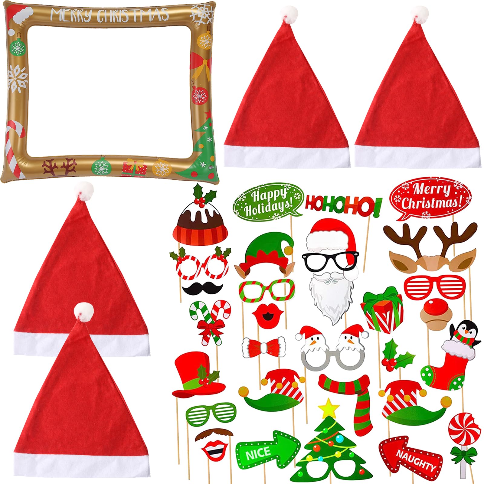 Lot De 33 Accessoires Photomaton D'hiver - Cadre Gonflable + Déguisements Pour Noël, Nouvel An, Anniversaire