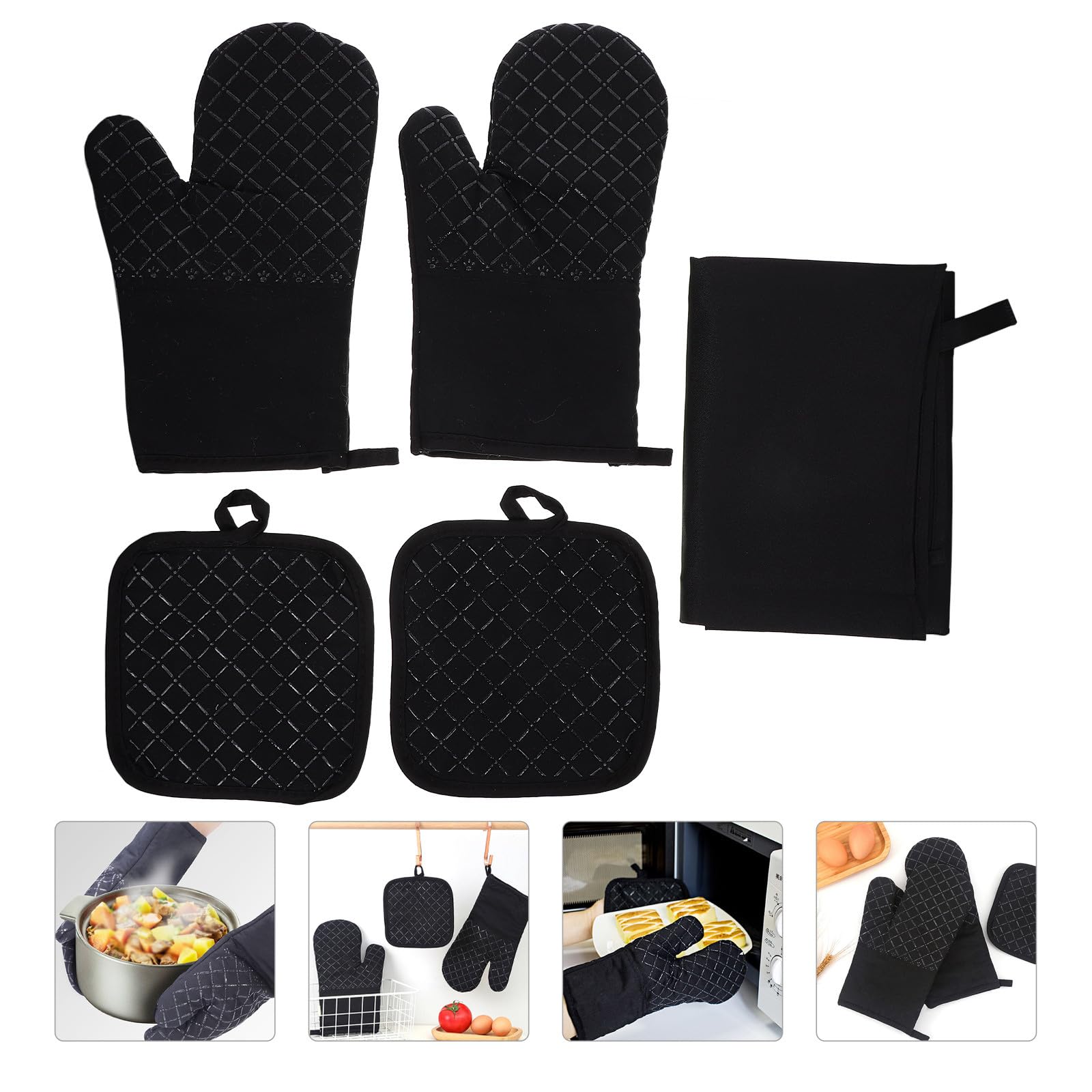 GALPADA Set da Cucina Presine Isolanti Antiscivolo in Cotone e Silicone 5 Grembiule Regolabile 5 Guanti da Resistenti al Calore per Feste e Servizio