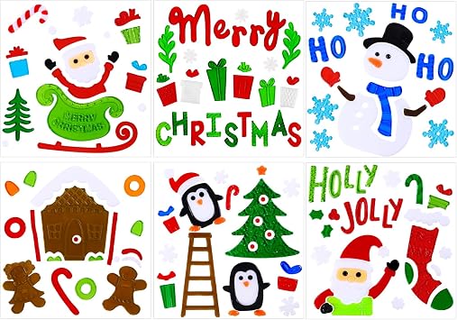 JOICEE Christmas Gel Window Clings,Xmas Santa Claus Snowman Gingerbread Man Snowflake Penguin Christmas Tree Gift Window Stickers for Christmas Window Decors for Kid6 Sheets