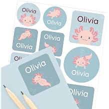 Camp Name Labels for Kids 33 Custom Waterproof Stickers for Water Bottles, Lunch Boxes, Daycare & School with Unique Designs - Axolotl