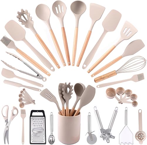 Juego de utensilios de cocina de 34 piezas, utensilios de cocina de silicona con asas de madera, resistentes al calor, antiadherentes, juego