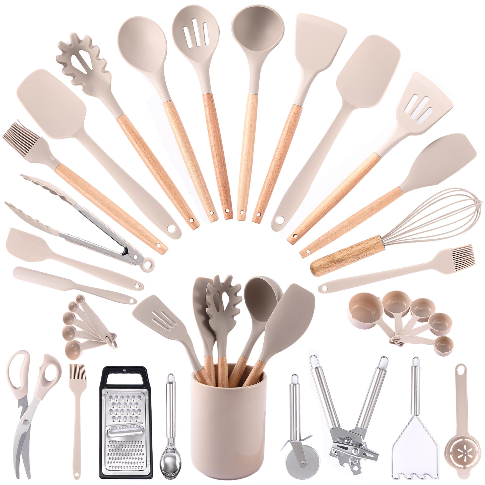 HOMEWAVE 34PC Kitchen Utensils Set - Silicone Cooking Utensils with Wooden Handles - Heat-Resistant - Nonstick Cookware Safe - Complete Set for Every Kitchen