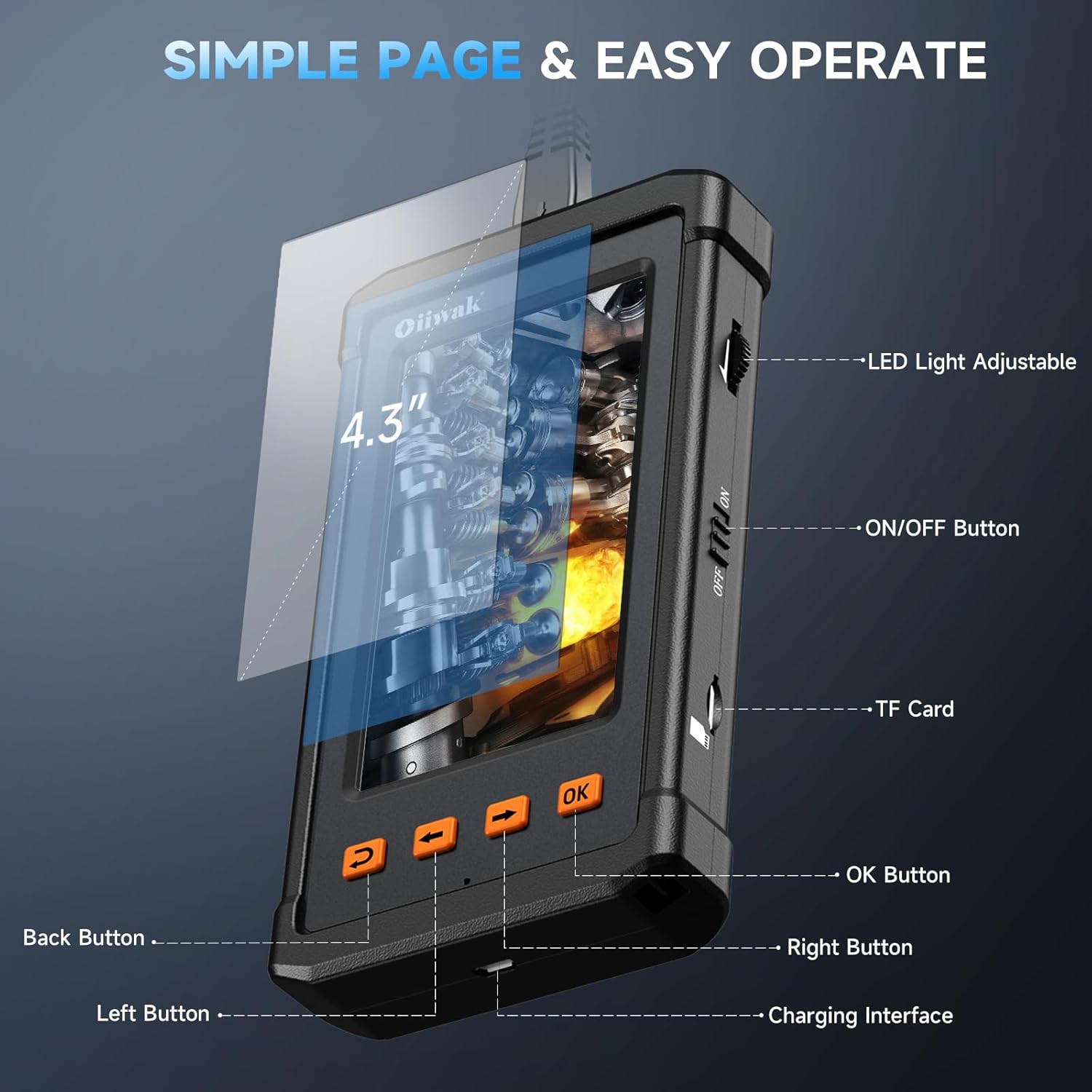 50FT Endoscope Camera with Light, Oiiwak Snake Borescope Endoscope Inspection Camera for Pipe Sewer Drain Plumbing Inspection 1080P HD 4.3" IPS Screen IP67 Waterproof